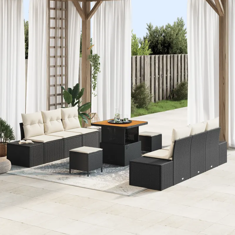 Set de 9 piese pentru gradina cu perne negre din ratan si acacia, sofa de gradina cu 2 locuri, cu depozit si perne negre din ratan, set de dining pentru gradina cu 3 piese, cu perne negre din ratan si acacia
