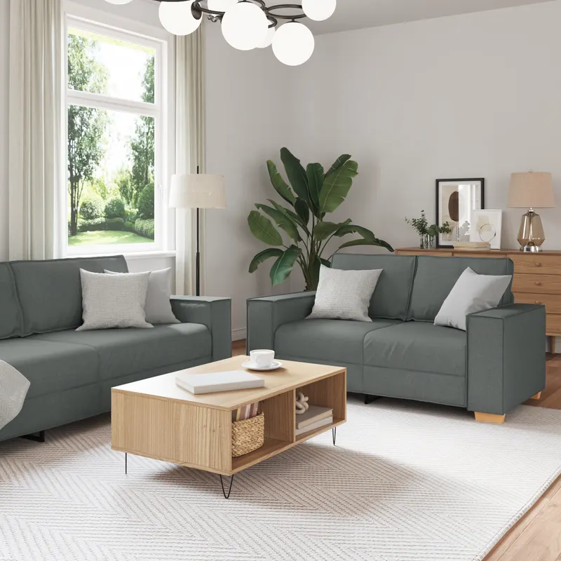 set canapea, 3 piese, perne gri inchis, textil