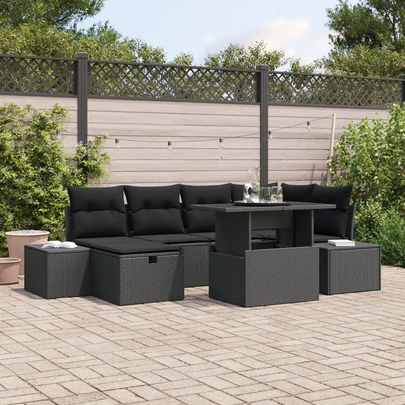 set canapea gradina pernute negru poliratan