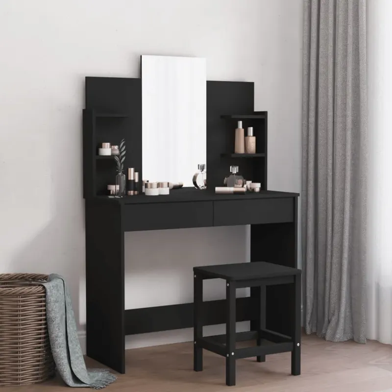masa de toaleta cu oglinda, negru, 96x39x142 cm
