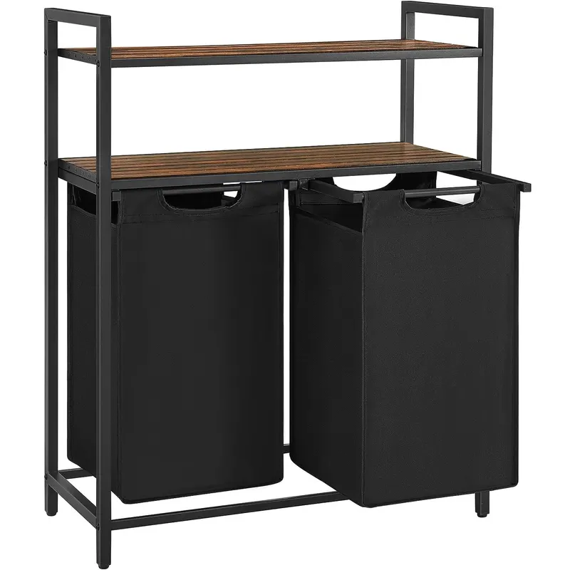 Cos de rufe, cu 2 saci detasabili, 2 rafturi, capacitate de 46L per sac, 73x33x72cm , maro rustic si negru