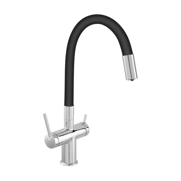 Baterie bucatarie cu pipa flexibila Ferro Filtrata compatibila cu sistem filtrare finisaj crom-negru