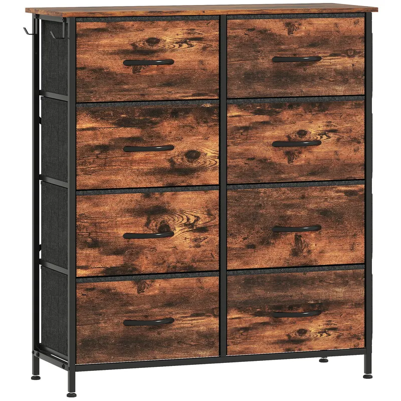 HOMCOM Comodă 8 sertare din țesătură, mobilier de depozitare, 4 buzunare, 2 cârlige, cadru din oțel, 86x30x94,5cm, maro rustic