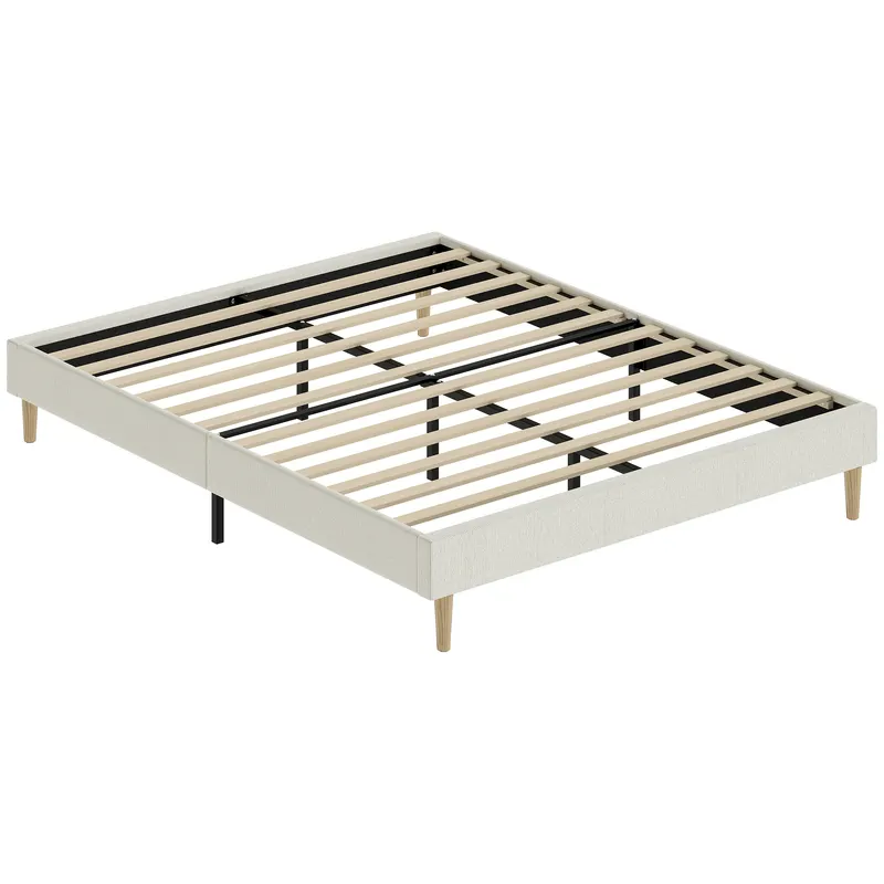 HOMCOM Cadru de pat 140 x 190 cm cu somieră, pat dublu tapițat în catifea canelată, spațiu de depozitare dedesubt, crem