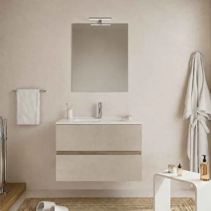Mobilier suspendat pentru lavoar 80x46 cm, cu front rugos, almond noce americano, Fluminia Genova