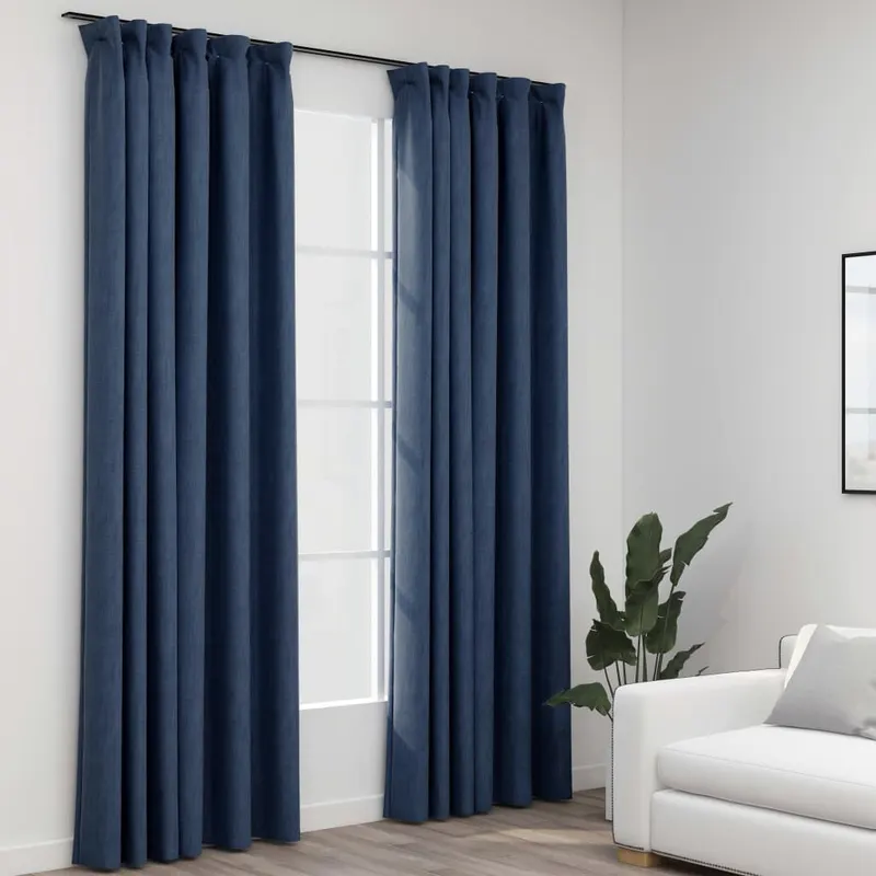 perdele opace aspect panza carlige, 2 buc, albastru, 140x225 cm
