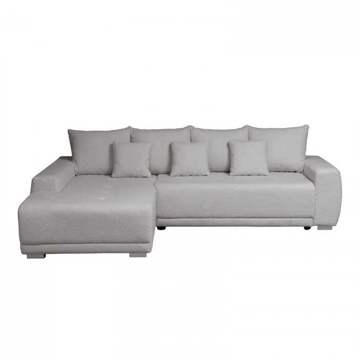 Coltar MARIBO L BUCLE extensibil, cu arcuri si lada depozitare, colt stanga, gri cu nuante roz, 282x205x92 cm
