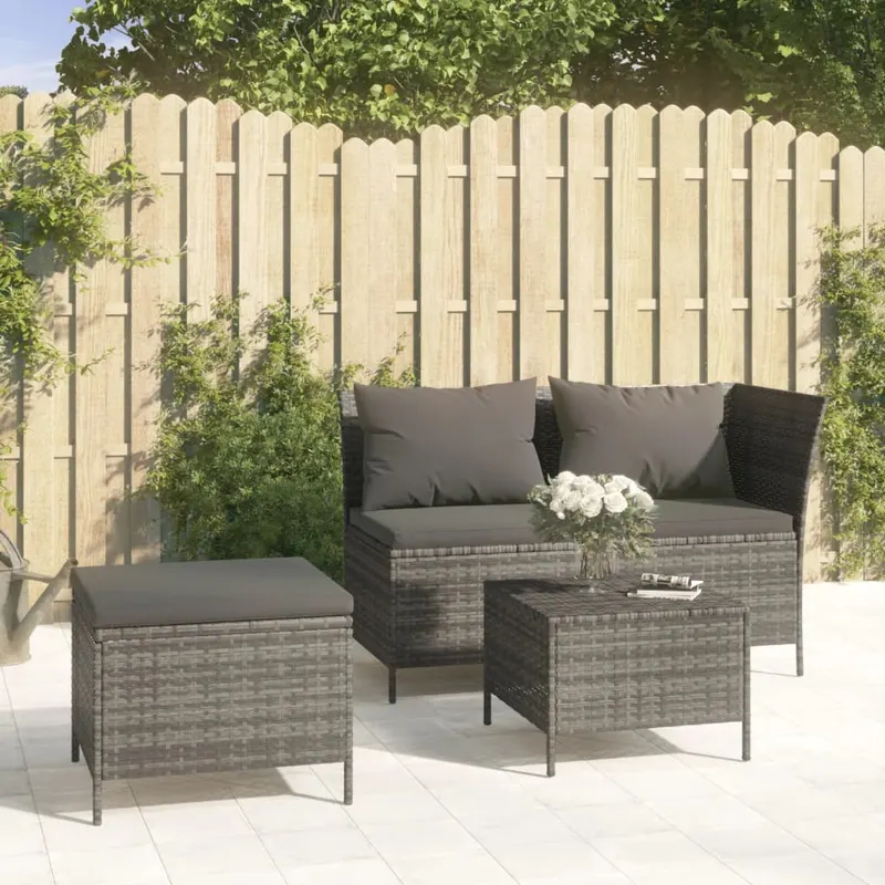 set mobilier de gradina cu perne, 3 piese, gri, poliratan
