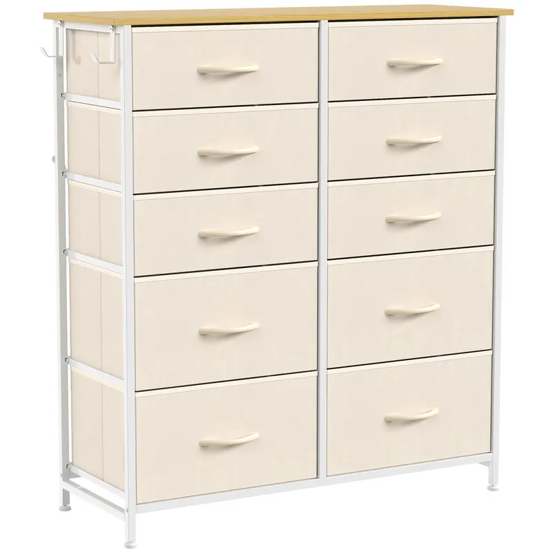 HOMCOM Comodă cu 10 sertare din material textil, mobilier de depozitare cu 4 buzunare, 2 cârlige, cadru din oțel, 80 x 30 x 94,5 cm, bej