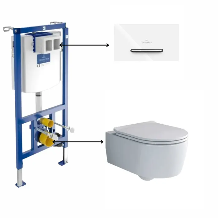 Set vas wc suspendat rimless cu capac soft close Soul cu rezervor wc incastrat ViConnect si clapeta actionare dual-flush, alba cu 2 butoane cromate, Villeroy Boch