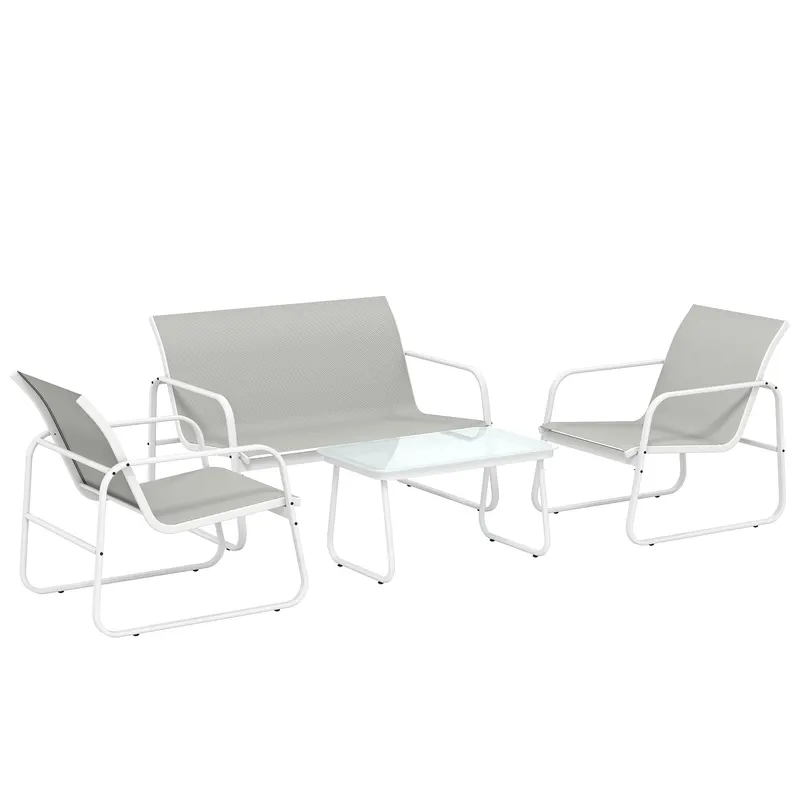 Outsunny Set de grădină exterior de 4 piese cu canapea de 2 locuri, 2 fotolii, masă cu sticlă securizată, textilene gri deschis