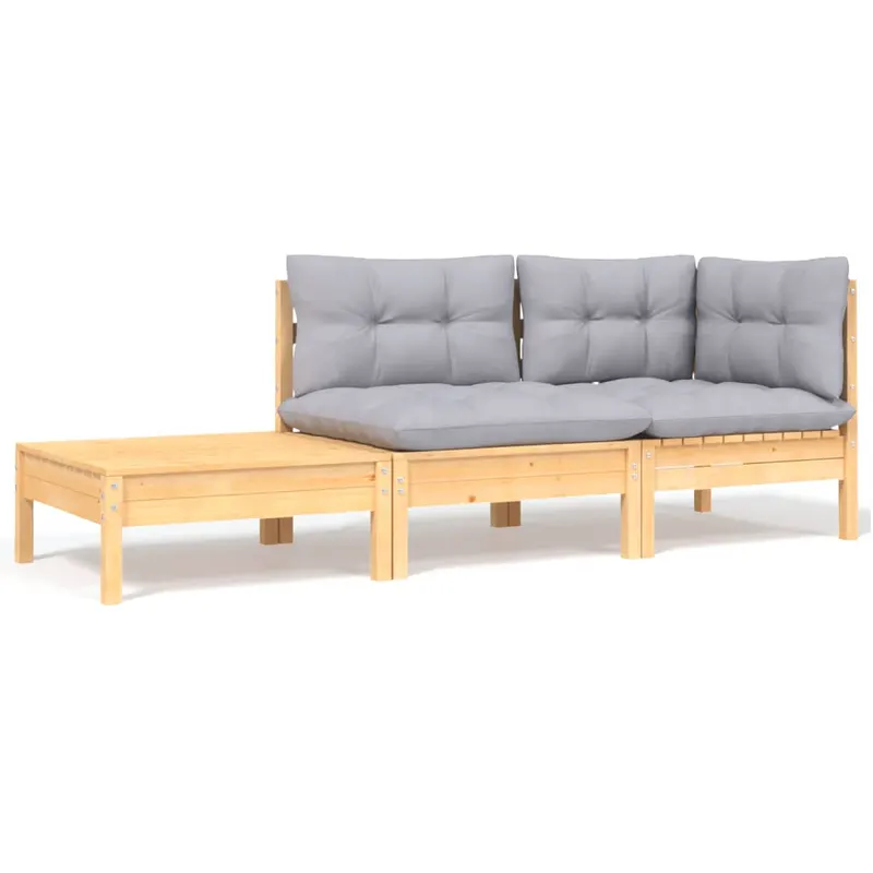 set mobilier gradina cu perne, 3 piese, gri, lemn masiv pin