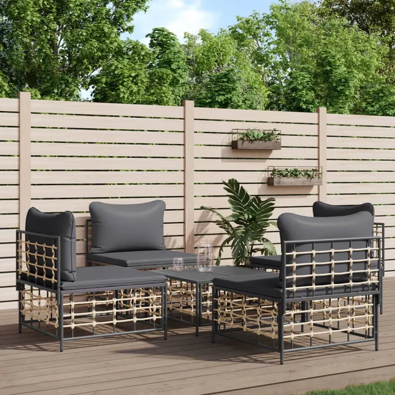 set sezlonguri de gradina 5 piese cu perne, antracit, poliratan