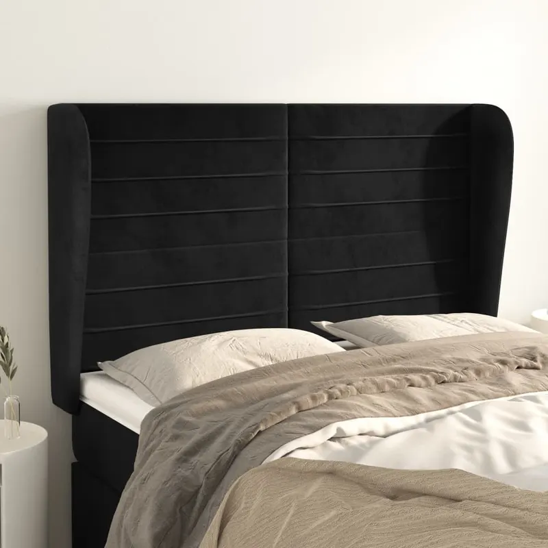 Tablie de pat cu aripioare, negru, 147x23x118/128 cm, catifea