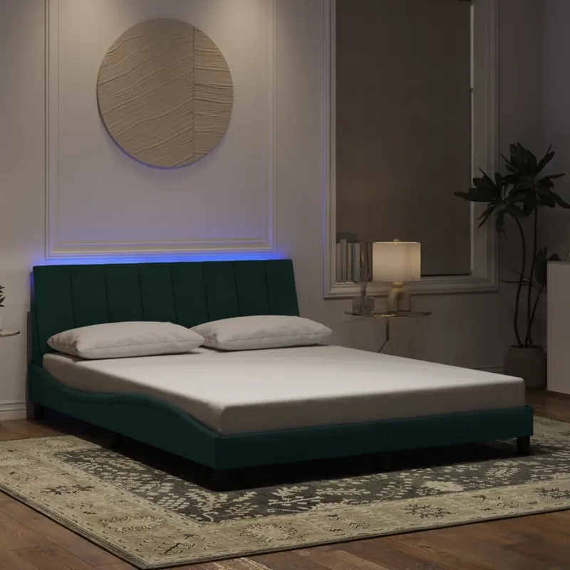 cadru de pat cu lumini led, verde inchis, 160x200 cm, catifea