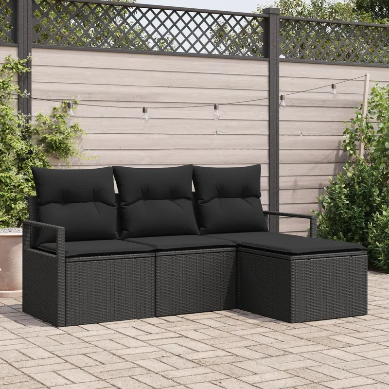 Set de sofa pentru gradina de 4 piese cu perne, ratan poli negru, set de sofa pentru gradina de 2 locuri cu depozitare si perne, ratan poli negru