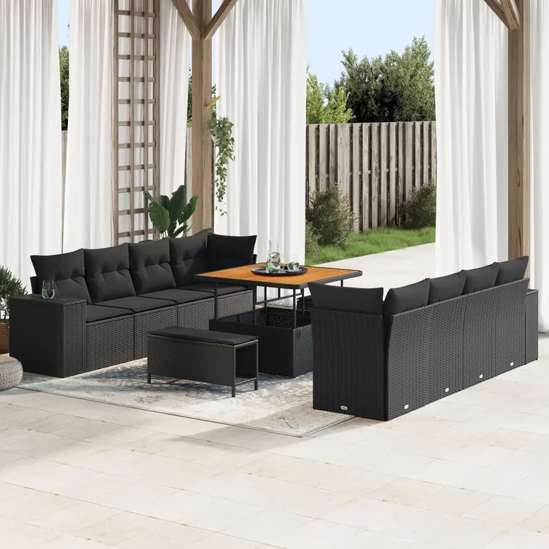 set de 11 piese canapea de gradina cu perne negru poliratan acacia, set de 3 piese pentru cina in gradina cu perne negru poliratan acacia
