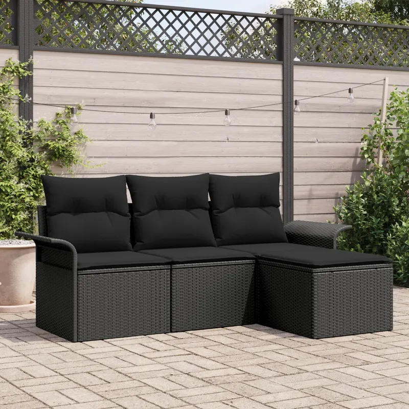 set canapea gradina 4 piese cu perne negru poliratan