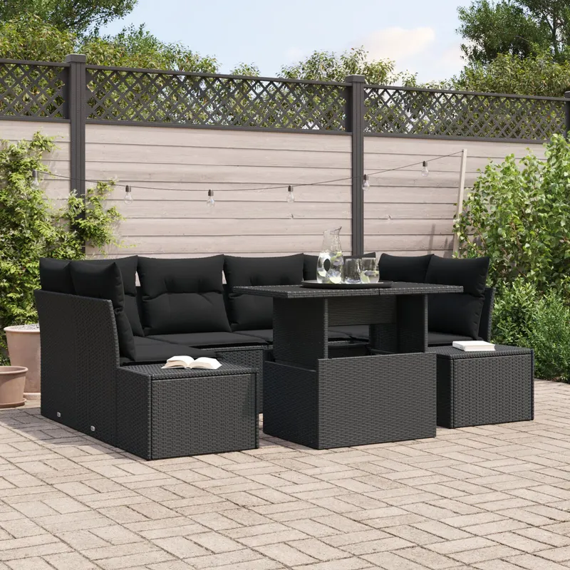 set canapea gradina cu perne negre din ratan poli