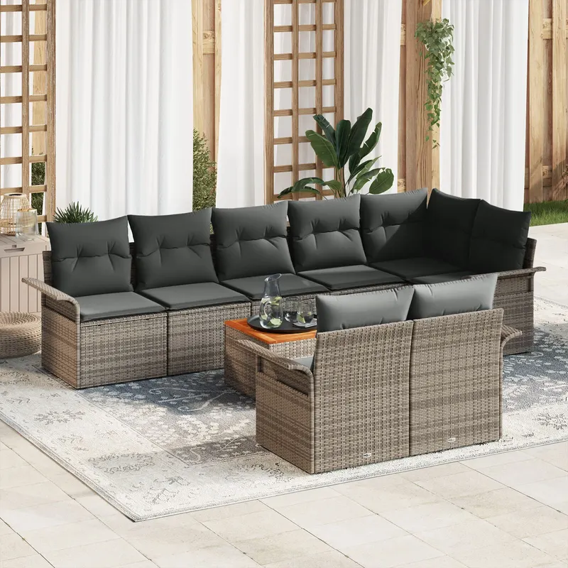 set de 9 piese de canapea de gradina cu perne gri poliratan acacia