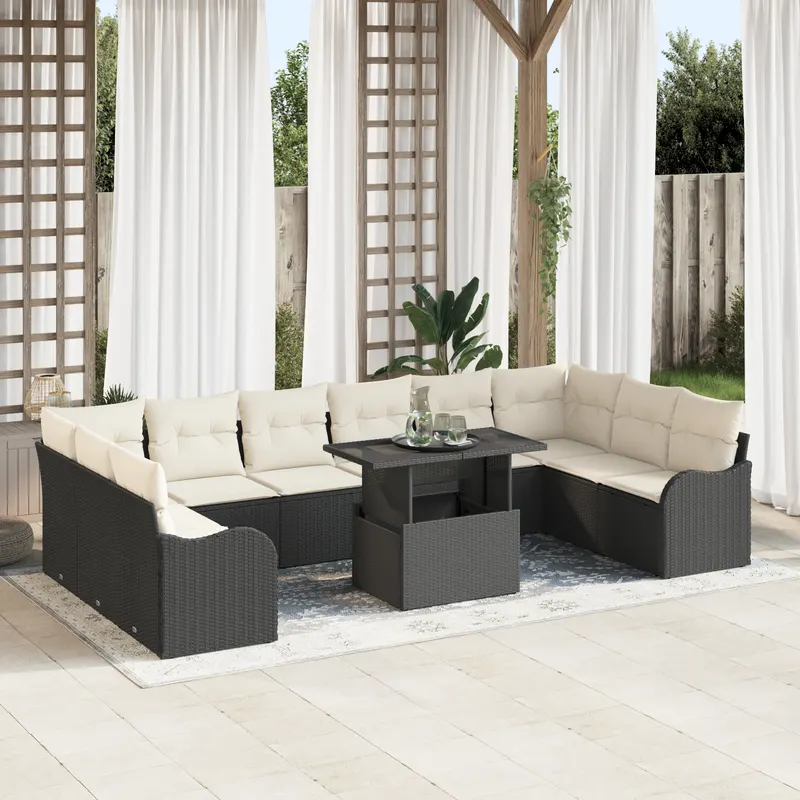 Set de 11 piese canapea gradina cu perne negru ratan polietilenic, canapea gradina cu 2 locuri si perne negru ratan polietilenic