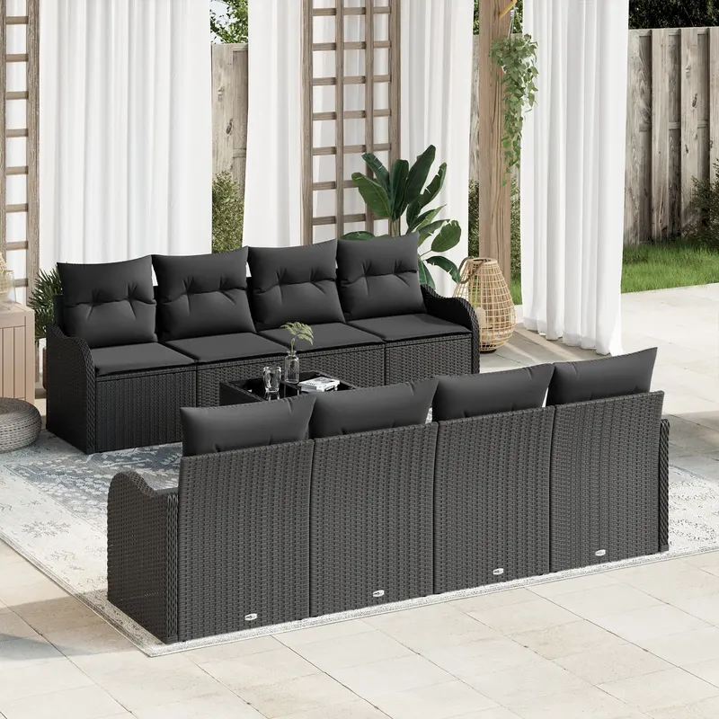 Set de canapea de gradina cu perne negru din ratan polimeric, canapea de gradina cu doua locuri si perne neagra din ratan polimeric