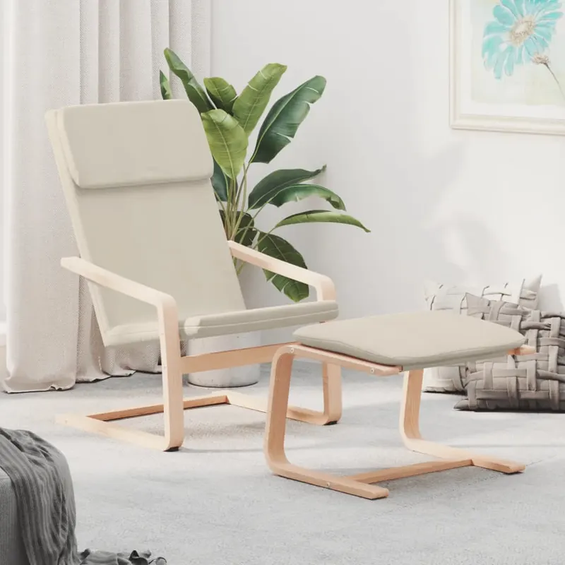 scaun de relaxare cu taburet, crem, textil