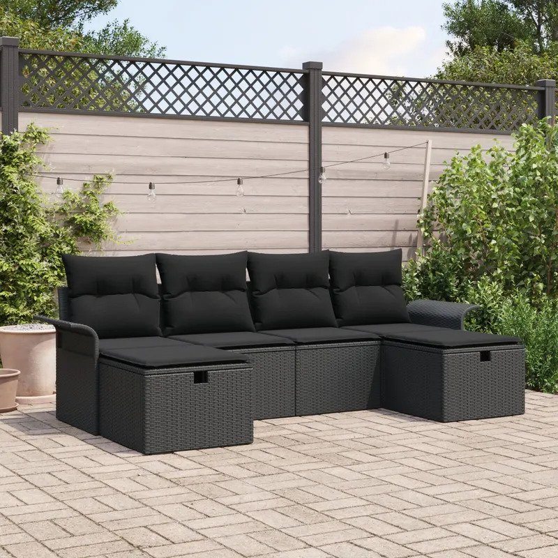 set de canapele de gradina cu 6 piese si perne negru ratan poli