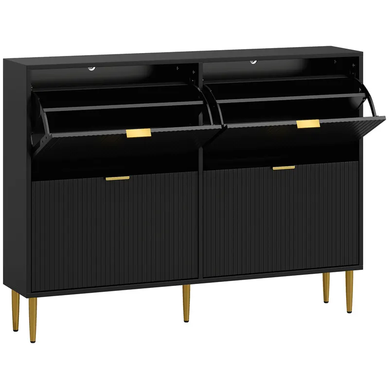 HOMCOM Dulap pentru încălțăminte 20 perechi cu 4 sertare rabatabile, uși canelate și rafturi reglabile, 105x24x91,5cm, negru