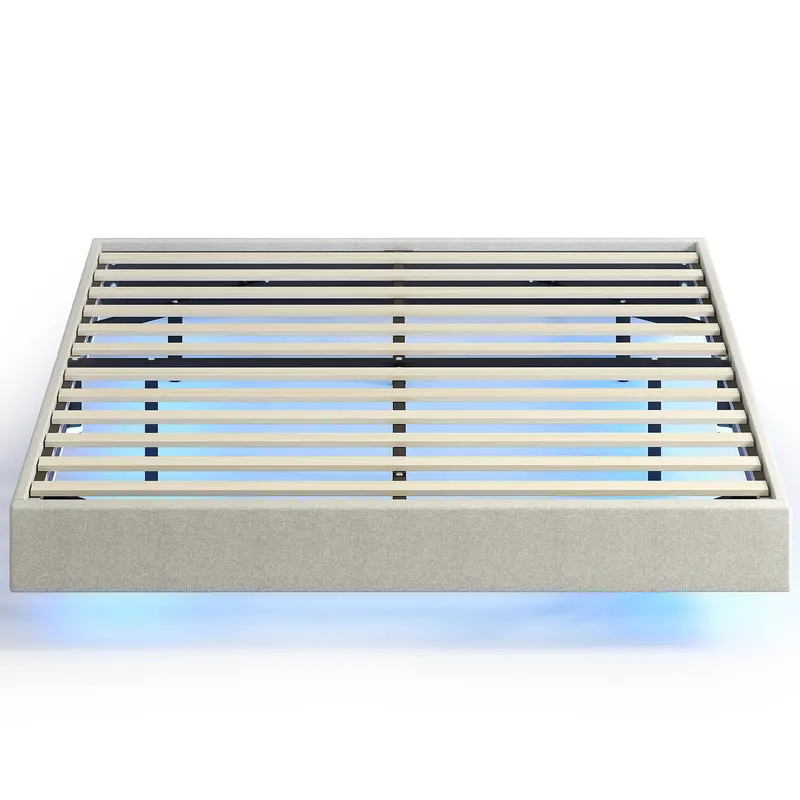 HOMCOM Pat Flotant 160 x 200 cm cu Iluminare LED Inteligentă, Cadru de Pat Dublu Tapițat în Țesătură cu Aspect de In, Montaj Ușor, Bej