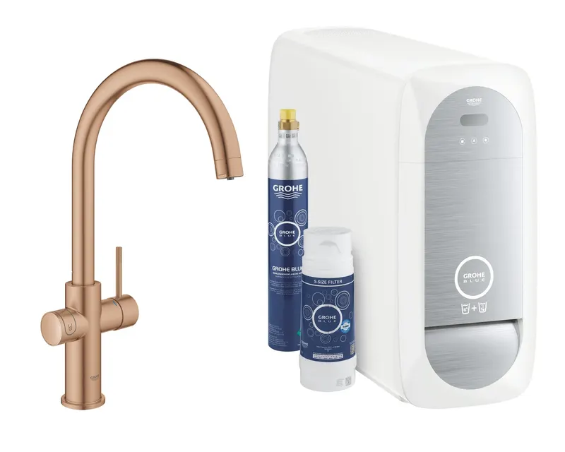 Baterie de bucatarie Grohe 31455DL1, Blue Home, 3 8 , tip C, inalta, filtare, racire, apa carbogazoasa, mat, cupru