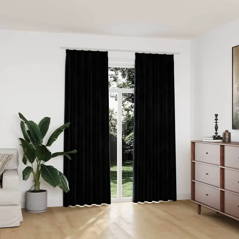 Draperii opace, 2 buc., negru, 140x225 cm, catifea, cu carlige