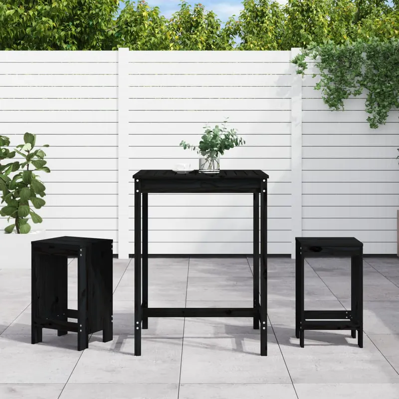 set bar de gradina, 3 piese, negru, lemn masiv de pin