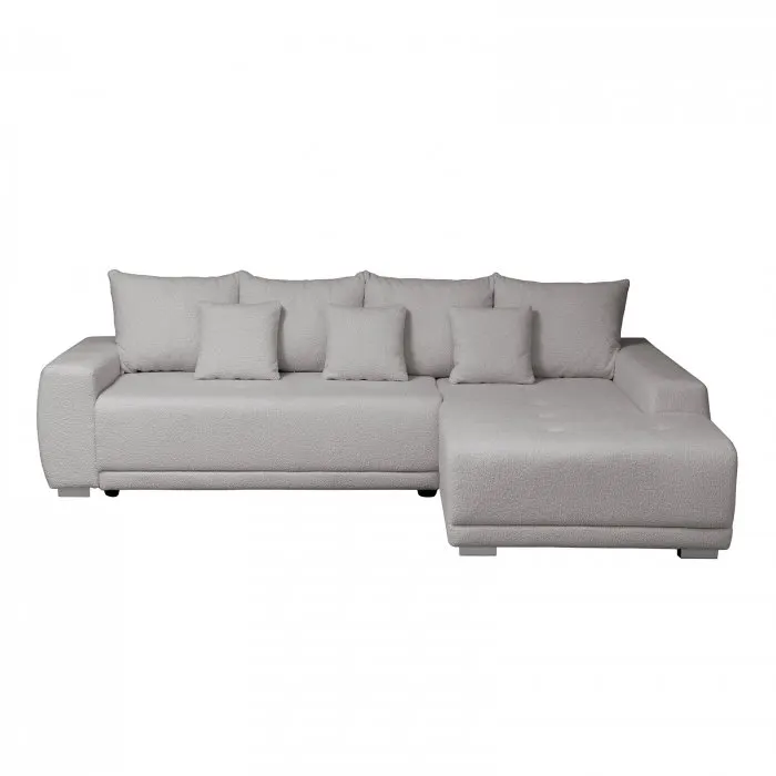 Coltar MARIBO L BUCLE extensibil, cu arcuri si lada depozitare, colt dreapta, gri cu nuante roz, 282x205x92 cm