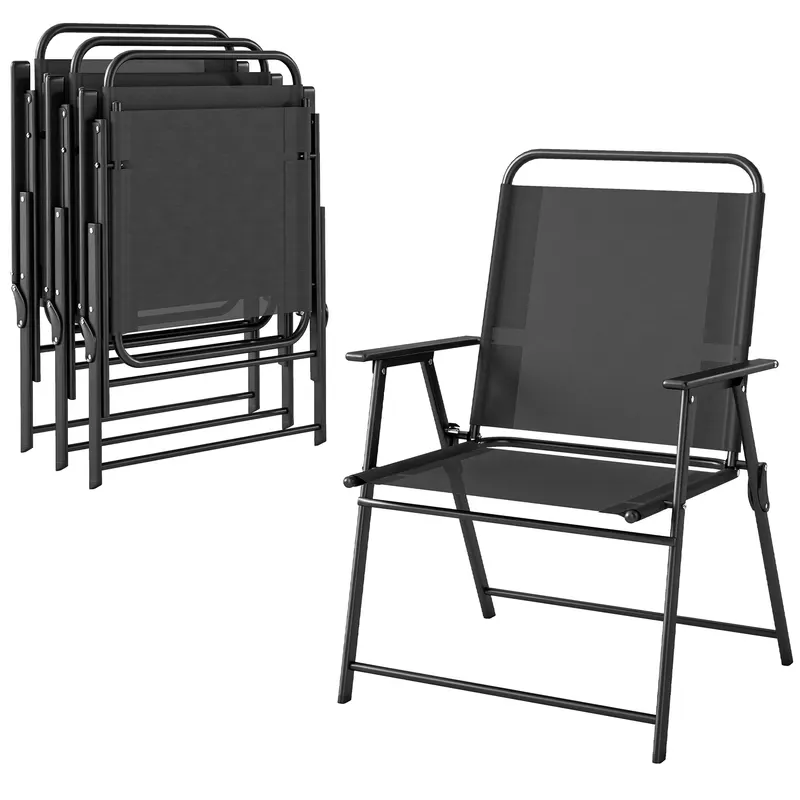Outsunny Set de 4 Scaune de Camping Pliabile cu Spătar Înalt Șezut Lat și Cotiere Țesătură Textilene Respirabilă Negru