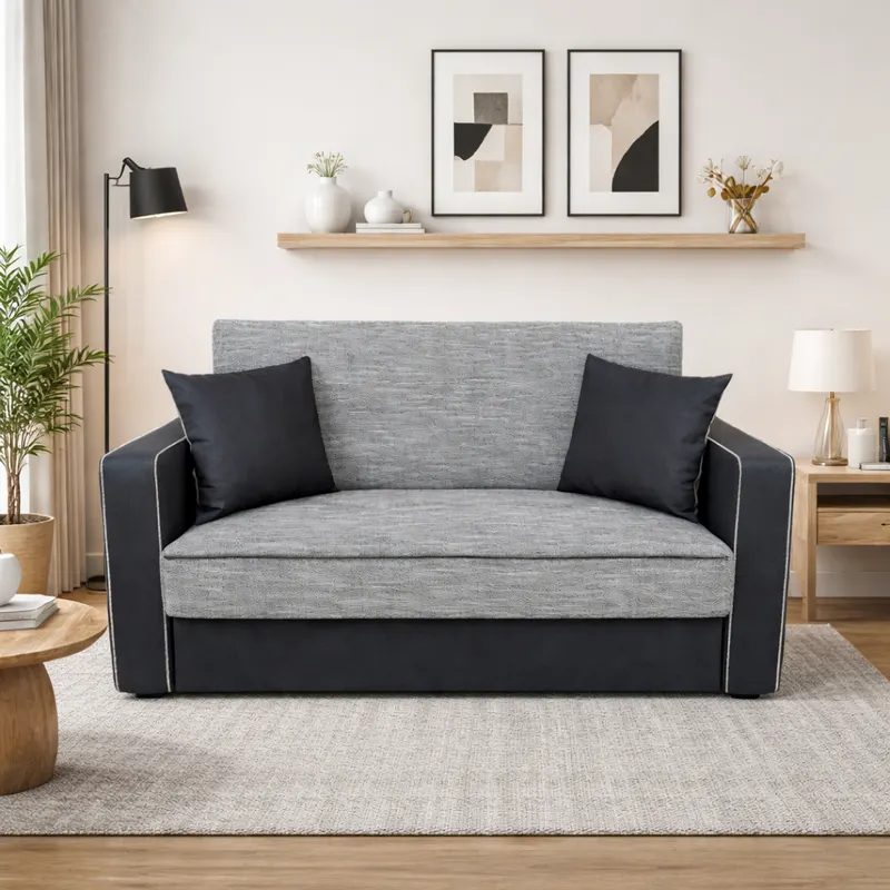 Canapea SAMY NEXT extensibila, 2 locuri, cu lada de depozitare, stofa gri inchis cu gri deschis, cadru metalic, 152x100x92 cm stofa, Gri Inchis + Gri