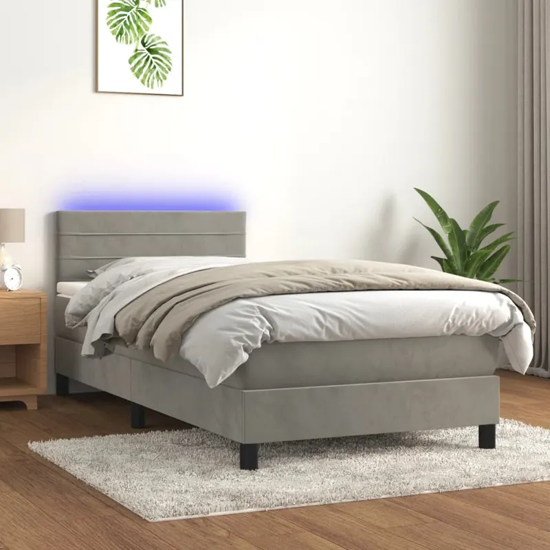 pat cu arcuri, saltea si led, gri deschis, 90x190 cm, catifea