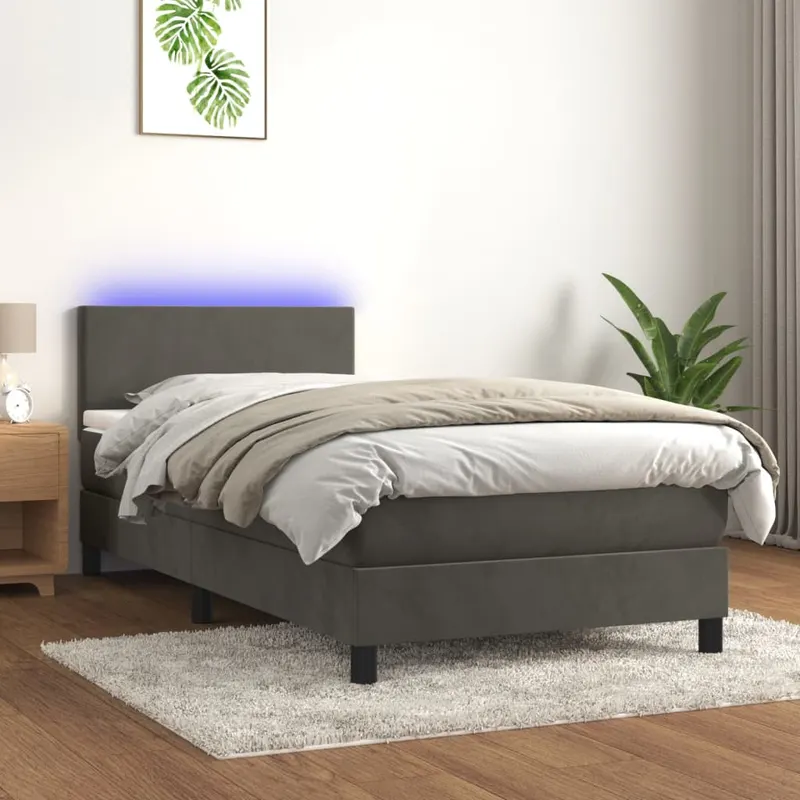 pat cu arcuri, saltea si led, gri inchis, 100x200 cm, catifea