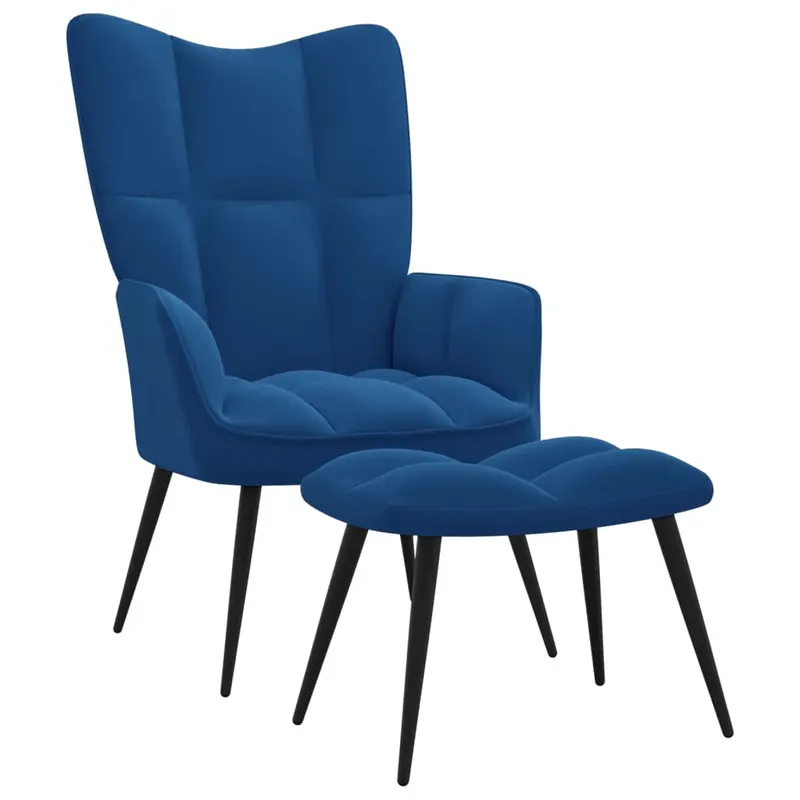 scaun de relaxare cu taburet, albastru, catifea