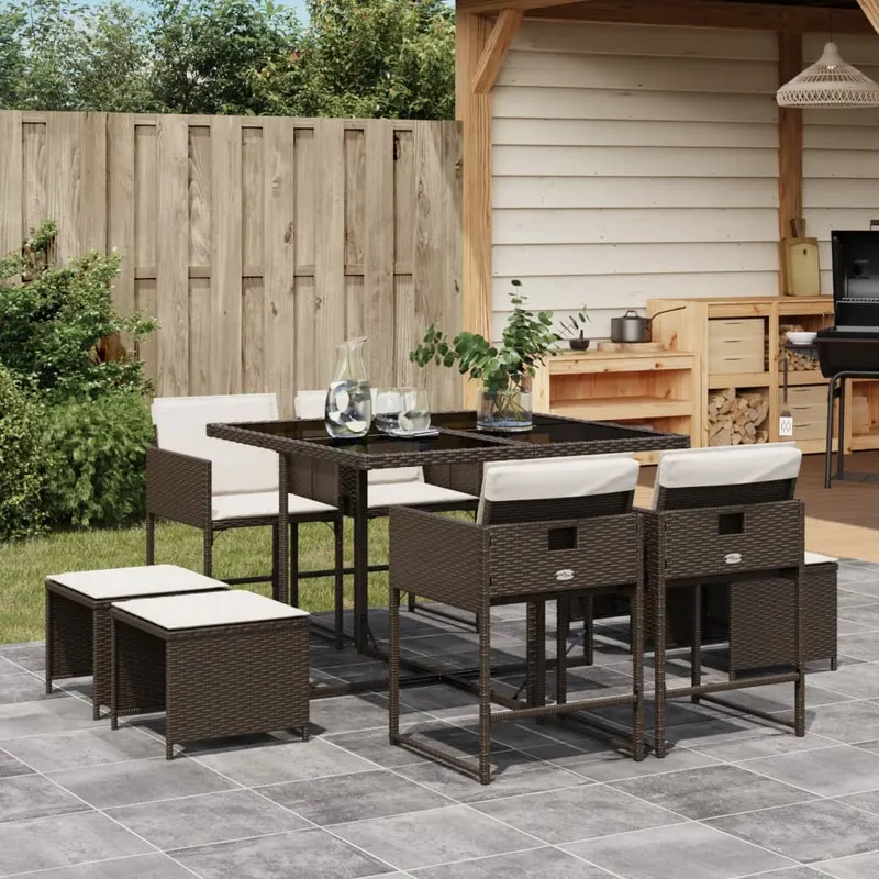 set mobilier de gradina cu perne, 9 piese, maro, poliratan