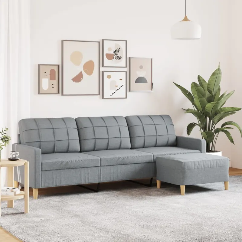 canapea cu 3 locuri si taburet, gri deschis, 210 cm, textil