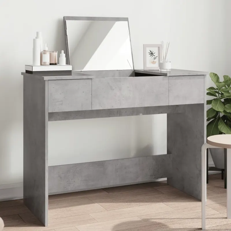masa de toaleta cu oglinda, gri beton, 100x45x76 cm