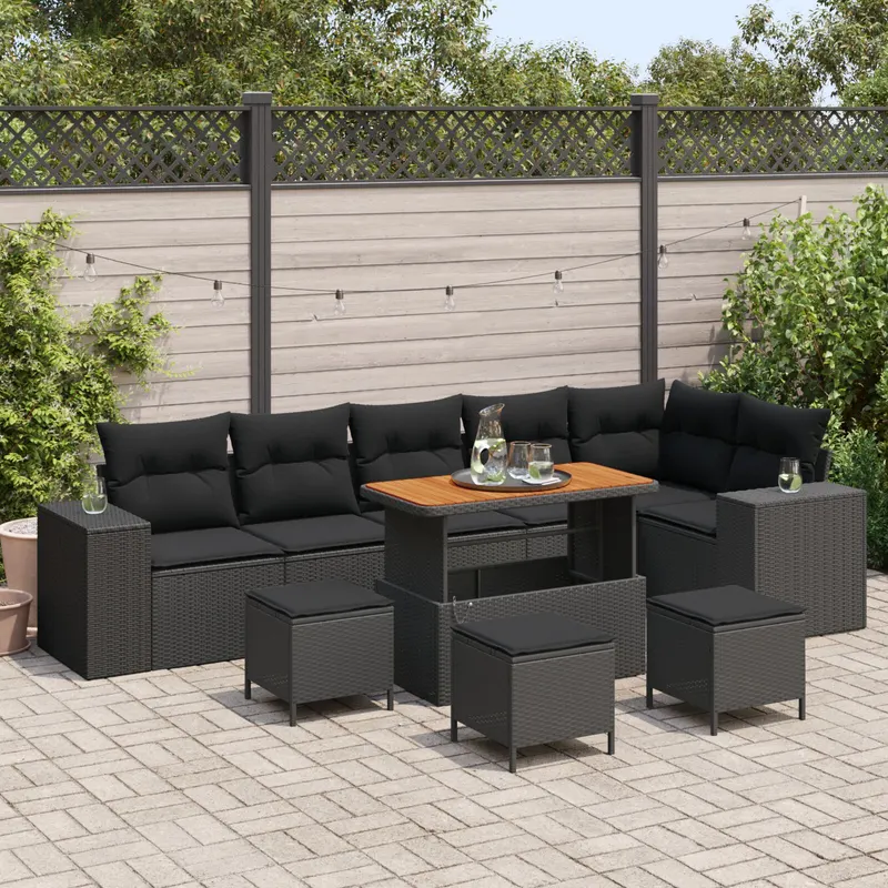 Set de sofa pentru gradina din poliratan negru cu perne, set de dining pentru gradina cu perne din poliratan negru