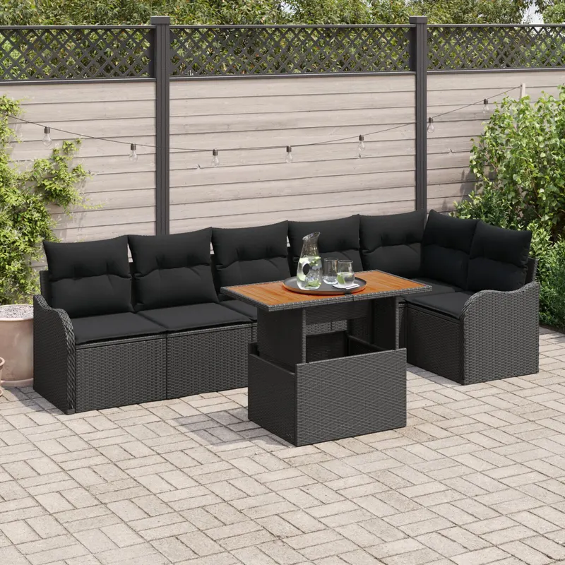 Set canapea gradina 7 piese cu perne negru ratan poliester, canapea gradina 2 persoane cu depozitare si perne negru ratan poliester
