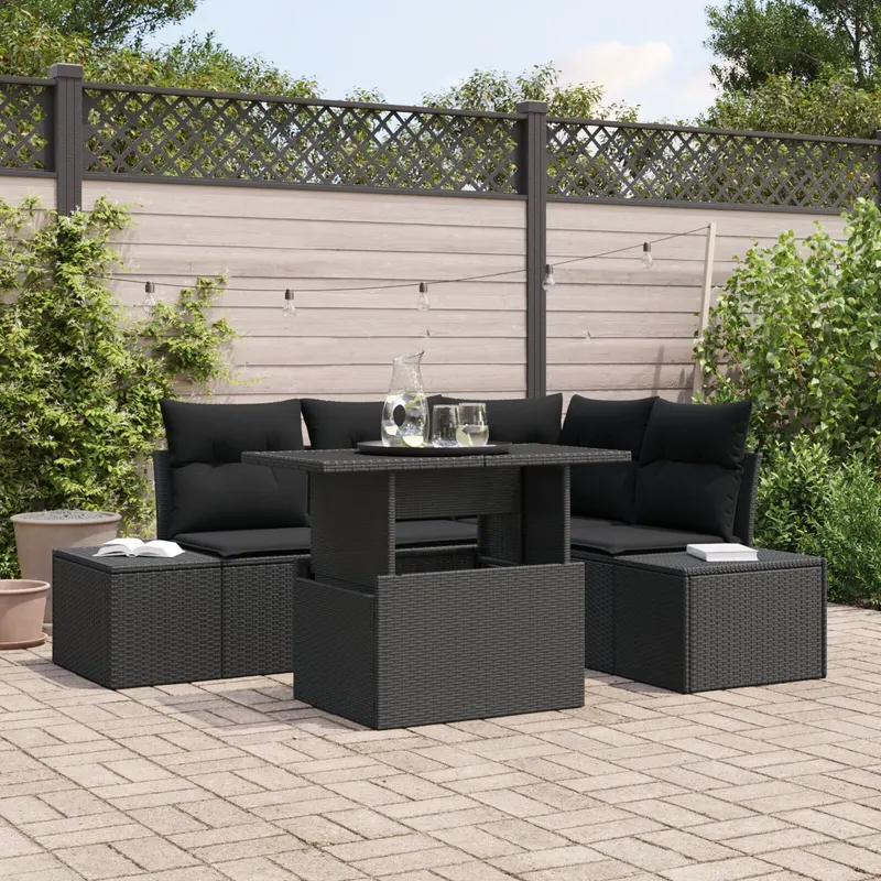set canapea gradina cu perne negre si ratan poli