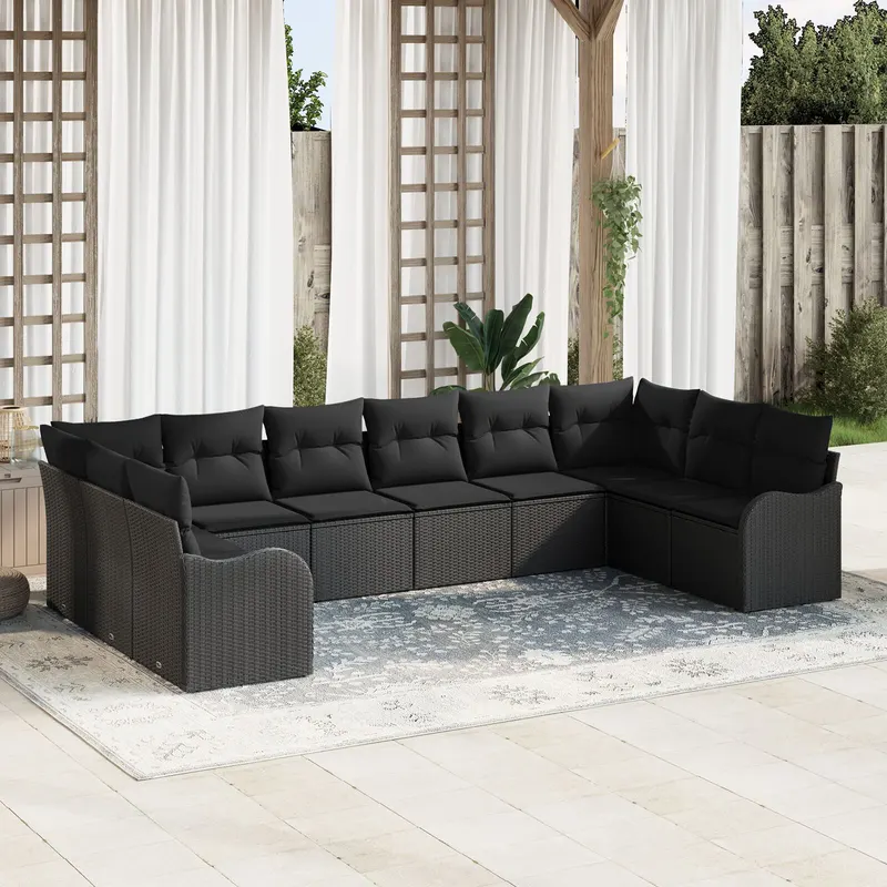 Set de canapea de gradina 10 piese cu perne negru poliratan, canapea de gradina 2 locuri cu perne negru poliratan