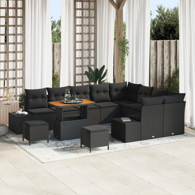 Set de canape pentru gradina cu 12 piese si perne negru ratan polimeric acacia, set de dining pentru gradina cu 3 piese si perne negru ratan polimeric acacia, canapea pentru doua persoane in gradina cu perne negru ratan polimeric