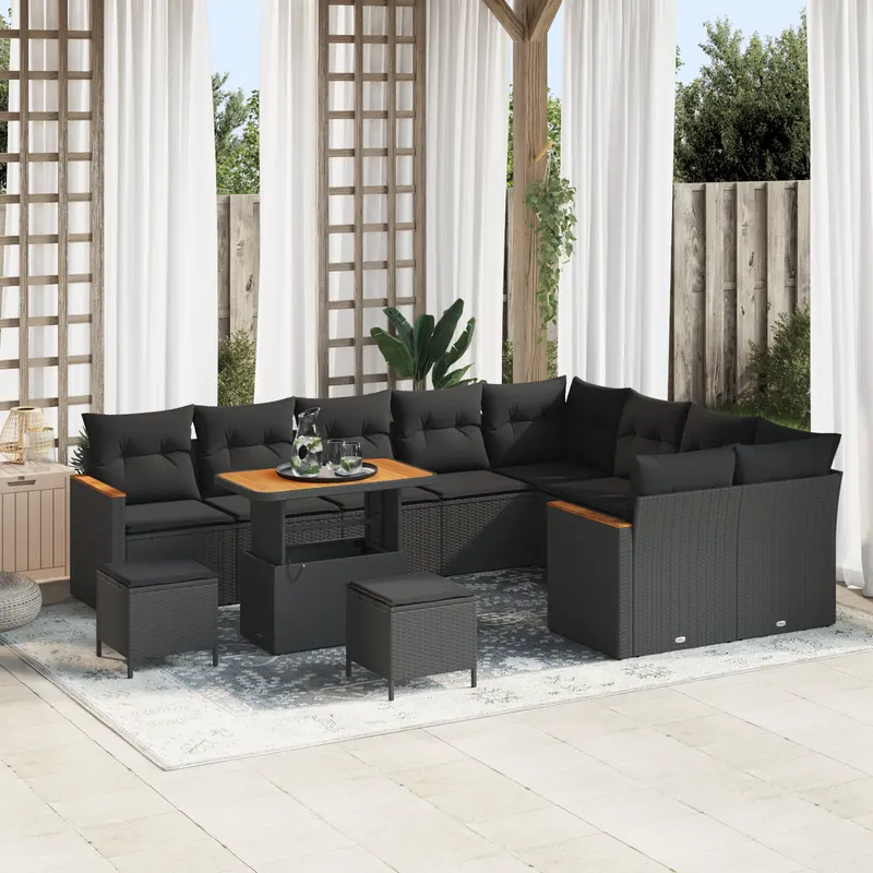 Set canapea gradina 12 piese cu perne negru poliratan acacia, set dining gradina 3 piese cu perne negru poliratan acacia