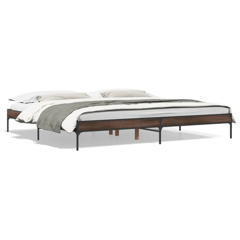 cadru de pat, stejar maro, 200x200 cm, lemn prelucrat si metal