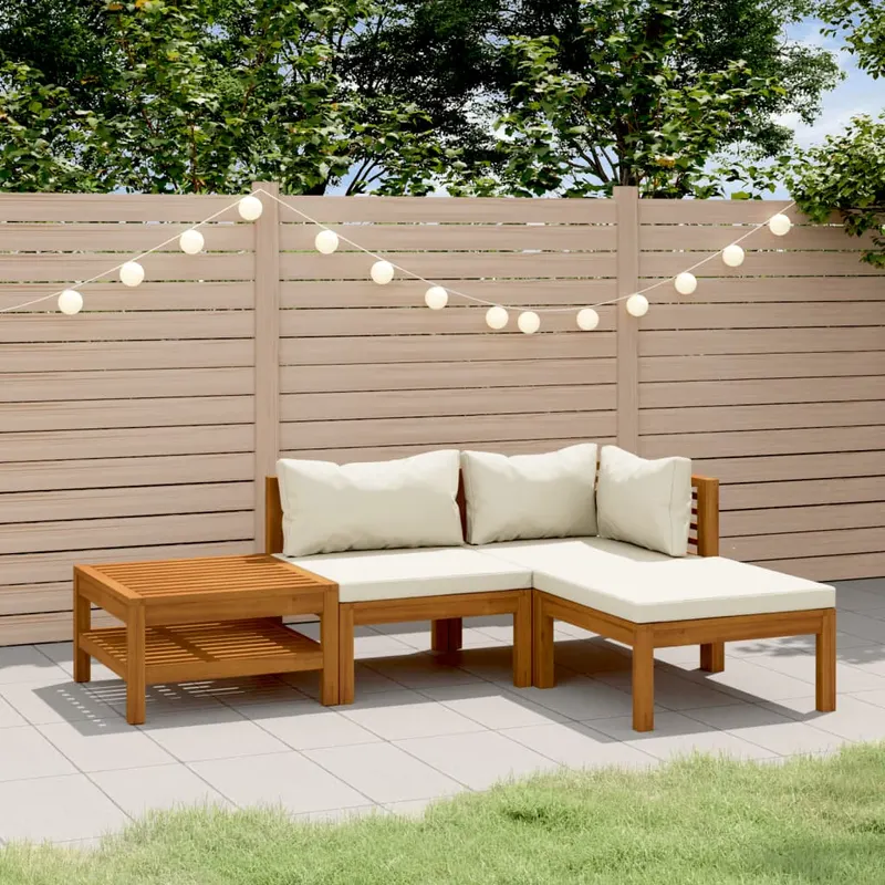 set mobilier gradina cu perne crem, 4 piese, lemn masiv acacia